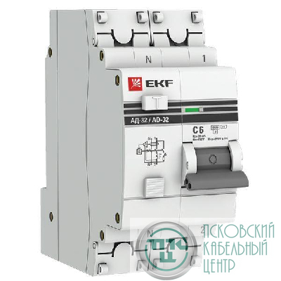 Выключатель автоматический дифференциального тока 2п (1P+N) C 6А 30мА тип AC 4.5кА АД-32 защита 270В электрон. PROxima EKF DA32-06-30-pro