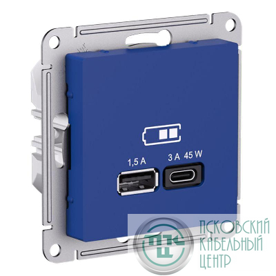 Розетка USB AtlasDesign тип A+C 45Вт высокоскор. ЗУ QC PD механизм аквамарин SE ATN001129