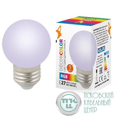 Лампа светодиодная LED-G45-1W/RGB/E27/FR/С 1Вт шар матовая RGB E27 декоративная (упак. картон) Volpe UL-00005808