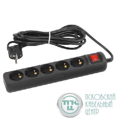 Удлинитель 5х5м с заземл. 10А с выкл. ПВС 3х0.75 черн. UX-5es-5m-B Эра Б0057732