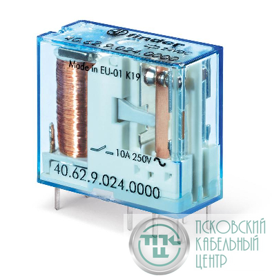 Реле электромеханическое миниатюрное универсальное монтаж на печатную плату или в розетку выводы с шагом 5мм 2CO 10A AgNi 24В DC RTII FINDER 406290240000
