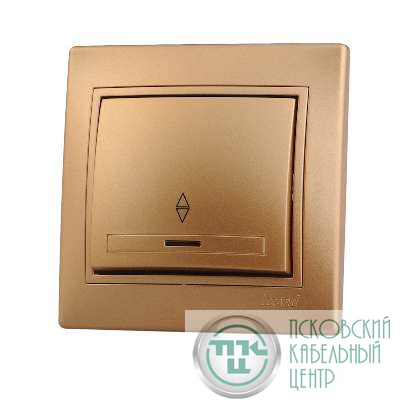 Переключатель проходной 1-кл. СП Mira 10А IP20 с подсветкой со вставкой зол. метал. LEZARD 701-1313-114