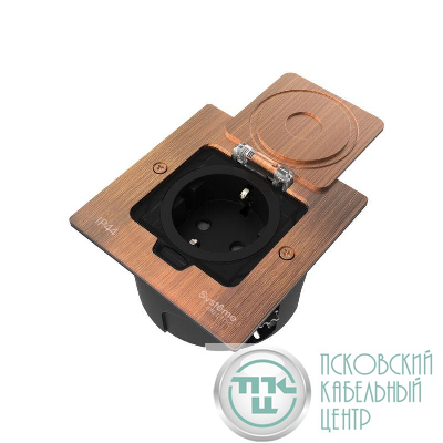 Лючок MultiDesk MDK21 с розеткой 2P+E 16А 250В IP44 с монтажной коробкой для стены фальшпола стола медь SE MDK21102CA