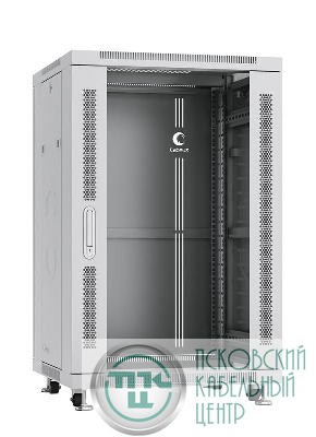 Шкаф монтажный телекоммуникационный напольный SH-05C-18U60/80 19дюйм 18U 600х800х988мм для распределит. и серверн. оборудования передн. стеклян. и задн. сплошн. метал. двери ручка с замком сер. RAL 7035 Cabeus 7048c
