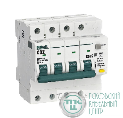 Выключатель автоматический дифференциального тока (АВДТ) 3P+N 32А 30мА AC х-ка C ДИФ-103 6кА DEKraft 16404DEK