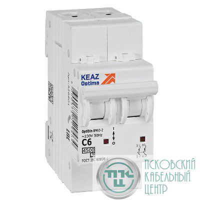Выключатель автоматический модульный 2п C 6А 4.5кА OptiDin BM63-2C6-4.5-УХЛ3 КЭАЗ 326801