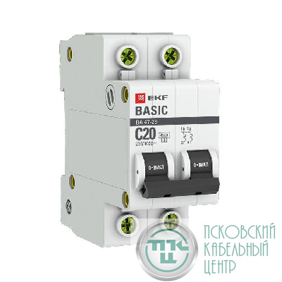 Выключатель автоматический модульный 2п C 20А 4.5кА ВА 47-29 Basic EKF mcb4729-2-20C