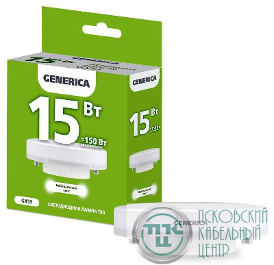 Лампа светодиодная T80 15Вт таблетка 4000К GX53 230В GENERICA LL-T80-15-230-40-GX53-G