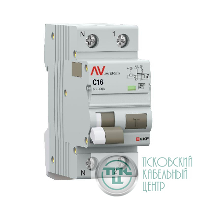 Выключатель автоматический дифференциального тока 2п (1P+N) C 16А 30мА тип AC 10кА DVA-10 AVERES EKF rcbo10-1pn-16C-30-ac-av