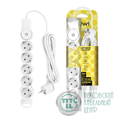Фильтр сетевой 5х3м с/з со шторками с выкл. 2200Вт 10А бел. Duwi 32576 5