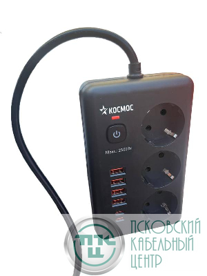 Удлинитель с сетевым фильтром 3х1.5м 10А 4USB + 2USBC 2500Вт ПВС 3х1 прямоуг. черн. КОСМОС FKsm1.5m-3gPF(B)USB