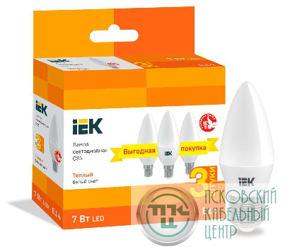 Лампа светодиодная C35 свеча 7Вт 230В 3000К E14 (уп.3шт) IEK LLE-C35-07-230-30-E14-3
