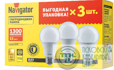 Лампа светодиодная 95 318 NLL-A60-13-230-2.7K-E27-PACK3 NAVIGATOR 95318