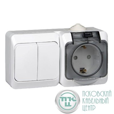 Блок ОП Этюд (1-м розетка 16А 250В евростандарт с заземл. защ. шторки + 2-кл. выкл.) IP44 бел. SE BPA16-242B