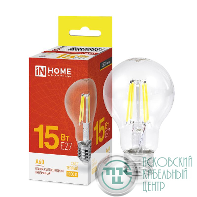 Лампа светодиодная филаментная LED-A60-deco грушевидная прозрачная 15Вт 230В E27 3000К 1480лм IN HOME 4690612055893