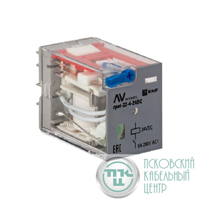 Реле промежуточное RPAt 22/4 5А 24В DC с кнопкой и мех. индикацией AVERES EKF rpat-22-4-24DC