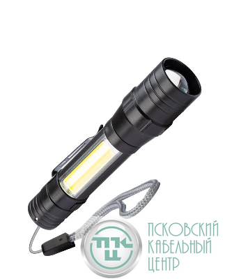 Фонарь аккумуляторный ручной LED 1Вт + COB 5Вт линза зум аккум. Li-ion 18650 1А.ч USB-шнур ABS-пластик КОСМОС KOS113Lit