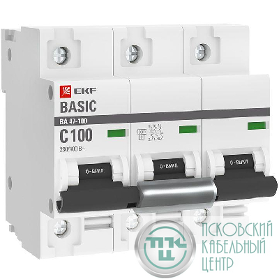 Выключатель автоматический модульный 3п C 100А 10кА ВА 47-100 Basic EKF mcb47100-3-100C-bas