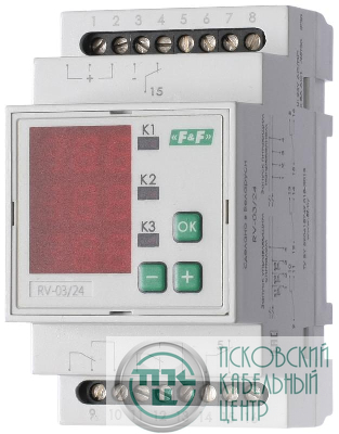 Реле времени RV-03/24 3х8А 24В AC/DC 3NO/NC IP20 многофункц. 3-х канал. 9 режимов работы с входами START диапазон выдержки времени 0с-99ч 59мин; 3мод. монтаж на DIN-рейке F&F EA02.001.028
