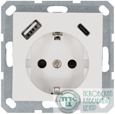 Розетка Shuko 16А с заземл. защ. шторки с 2-мя заряд. устройствами USB тип A+C 25Вт механизм бел. глянцевый Jasmart G5501USB-25W