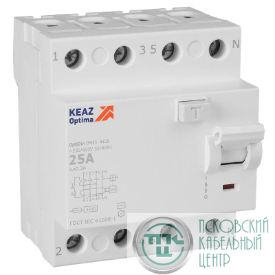 Выключатель дифференциального тока (УЗО) 4п 25А 300мА тип AC 4.5кА OptiDin DM63-4425 УХЛ4 КЭАЗ 343903
