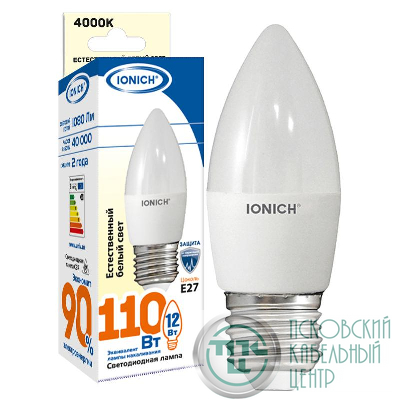 Лампа светодиодная C37 12Вт свеча 4000К E27 230В IONICH 1910