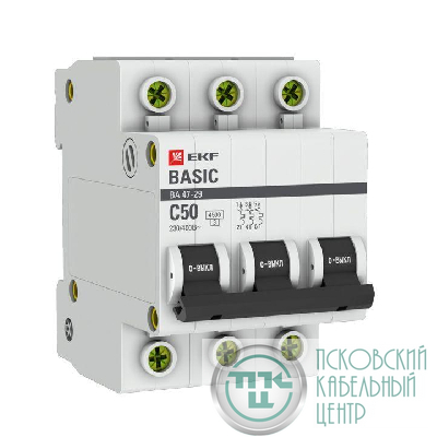 Выключатель автоматический модульный 3п C 50А 4.5кА ВА 47-29 Basic EKF mcb4729-3-50C