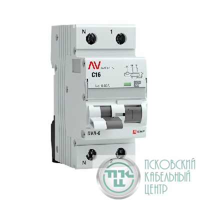 Выключатель автоматический дифференциального тока 2п (1P+N) C 16А 30мА тип A 6кА DVA-6 Averes EKF rcbo6-1pn-16C-30-a-av